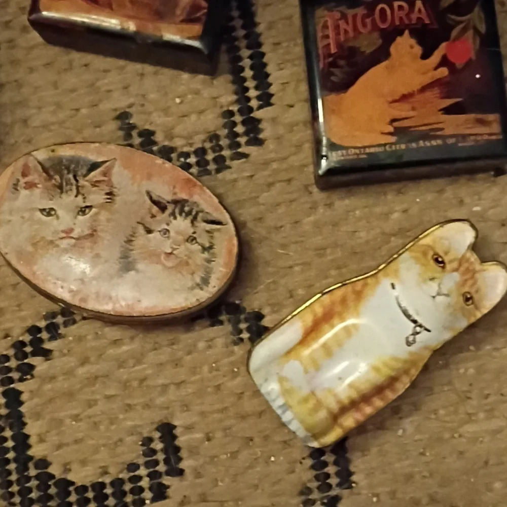 Vintage Cat-Themed Tin And Plastic Pill Holders